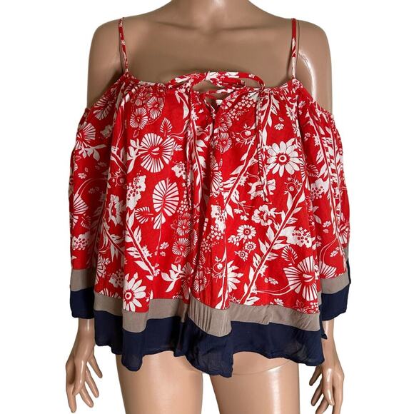 Double Zero blouse top flowy cold shoulder red/blue Hawaiian SZ SM 100% cotton - Picture 2 of 8